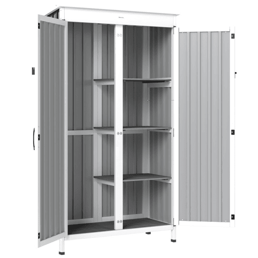 Outsunny Abrigo de Jardim em Madeira e Aço 94x43x166 cm Cabana Exterior com 2 Portas, Prateleiras Ajustáveis, Telhado Impermeável para Terraço, Fixação com Estacas, Preto