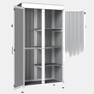 Outsunny Abrigo de Jardim em Madeira e Aço 94x43x166 cm Cabana Exterior com 2 Portas, Prateleiras Ajustáveis, Telhado Impermeável para Terraço, Fixação com Estacas, Preto