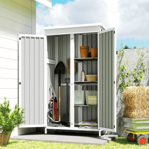 Outsunny Abrigo de Jardim em Madeira e Aço 94x43x166 cm Cabana Exterior com 2 Portas, Prateleiras Ajustáveis, Telhado Impermeável para Terraço, Fixação com Estacas, Preto
