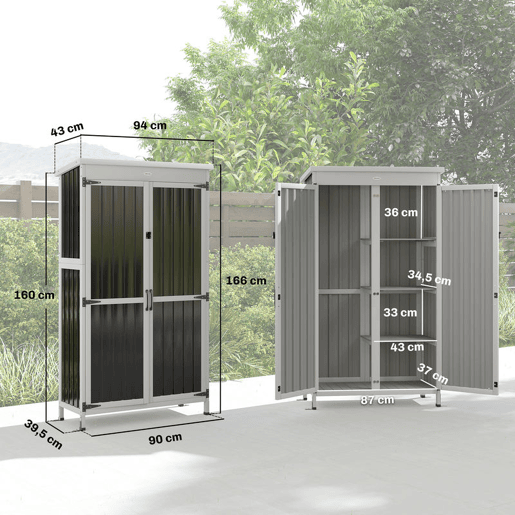 Outsunny Abrigo de Jardim em Madeira e Aço 94x43x166 cm Cabana Exterior com 2 Portas, Prateleiras Ajustáveis, Telhado Impermeável para Terraço, Fixação com Estacas, Preto