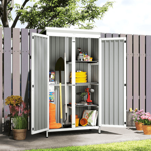 Outsunny Abrigo de Jardim em Madeira e Aço 94x43x166 cm Cabana Exterior com 2 Portas, Prateleiras Ajustáveis, Telhado Impermeável para Terraço, Fixação com Estacas, Preto