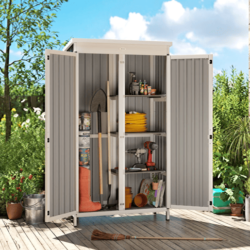 Outsunny Abrigo de Jardim em Madeira e Aço 94x43x166 cm Cabana Exterior com 2 Portas, Prateleiras Ajustáveis, Telhado Impermeável para Terraço, Fixação com Estacas, Preto