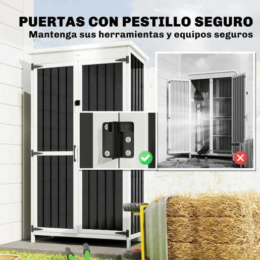 Outsunny Abrigo de Jardim em Madeira e Aço 94x43x166 cm Cabana Exterior com 2 Portas, Prateleiras Ajustáveis, Telhado Impermeável para Terraço, Fixação com Estacas, Preto