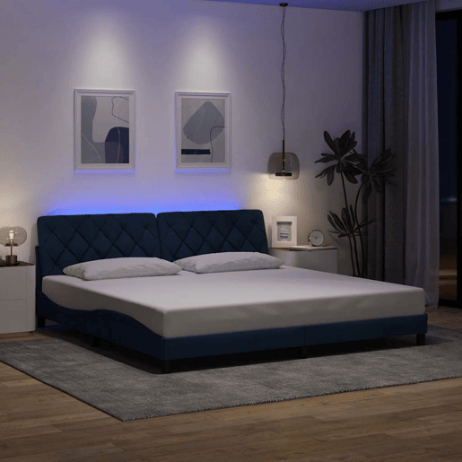 Estrutura de Cama de casal moderno com LED sem colchão 200x200 cm tecido azul