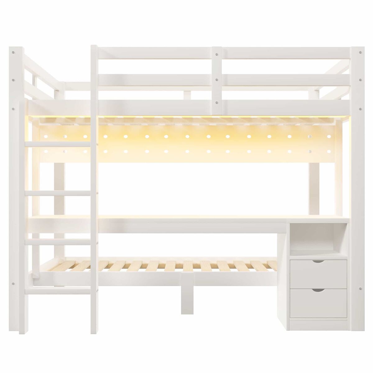 Cama alta 90x200 cm y 140x200 cm - madera de pino, con cajones y escritorio, equipada con sistema de colgar con paneles perforados, incluye led -