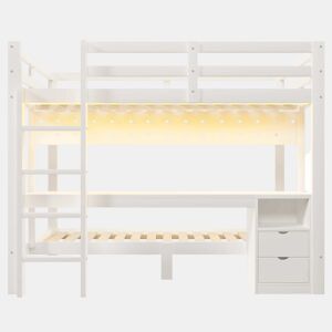 Cama alta 90x200 cm e 140x200 cm - Madeira de pinho, com gavetas e secretária, equipada com sistema de suspensão com painéis perfurados, inclui LED - Branco