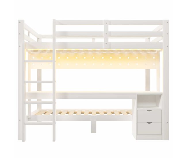 Cama alta 90x200 cm y 140x200 cm - madera de pino, con cajones y escritorio, equipada con sistema de colgar con paneles perforados, incluye led -
