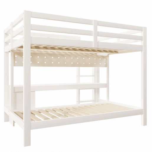 Cama alta 90x200 cm e 140x200 cm - Madeira de pinho, com gavetas e secretária, equipada com sistema de suspensão com painéis perfurados, inclui LED - Branco