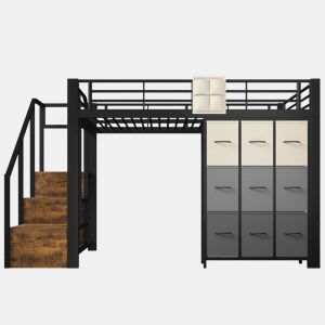 Beliche alto 140 x 200 cm - Com gavetas, barra para roupa, grade de proteção, escada com espaço de arrumação, sem colchão - Preto