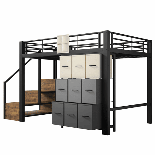 Beliche alto 140 x 200 cm - Com gavetas, barra para roupa, grade de proteção, escada com espaço de arrumação, sem colchão - Preto