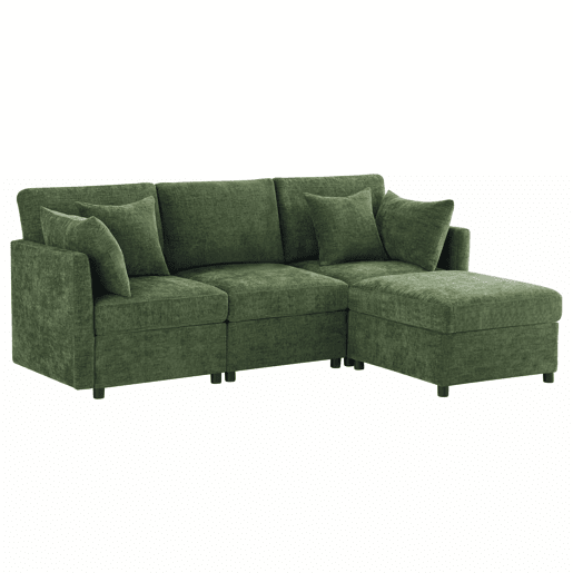 Sofá modular em L - conversível de 3 lugares, com pufe e 4 almofadas de chenille - verde
