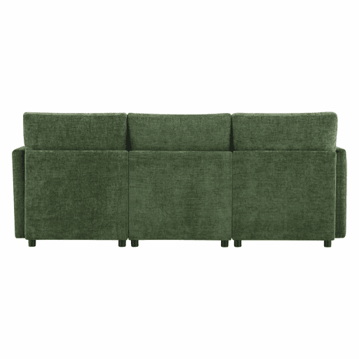 Sofá modular em L - conversível de 3 lugares, com pufe e 4 almofadas de chenille - verde
