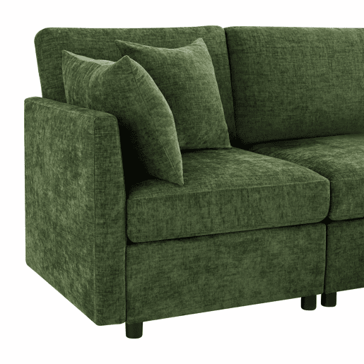 Sofá modular em L - conversível de 3 lugares, com pufe e 4 almofadas de chenille - verde