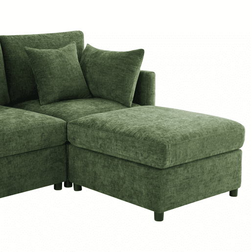 Sofá modular em L - conversível de 3 lugares, com pufe e 4 almofadas de chenille - verde
