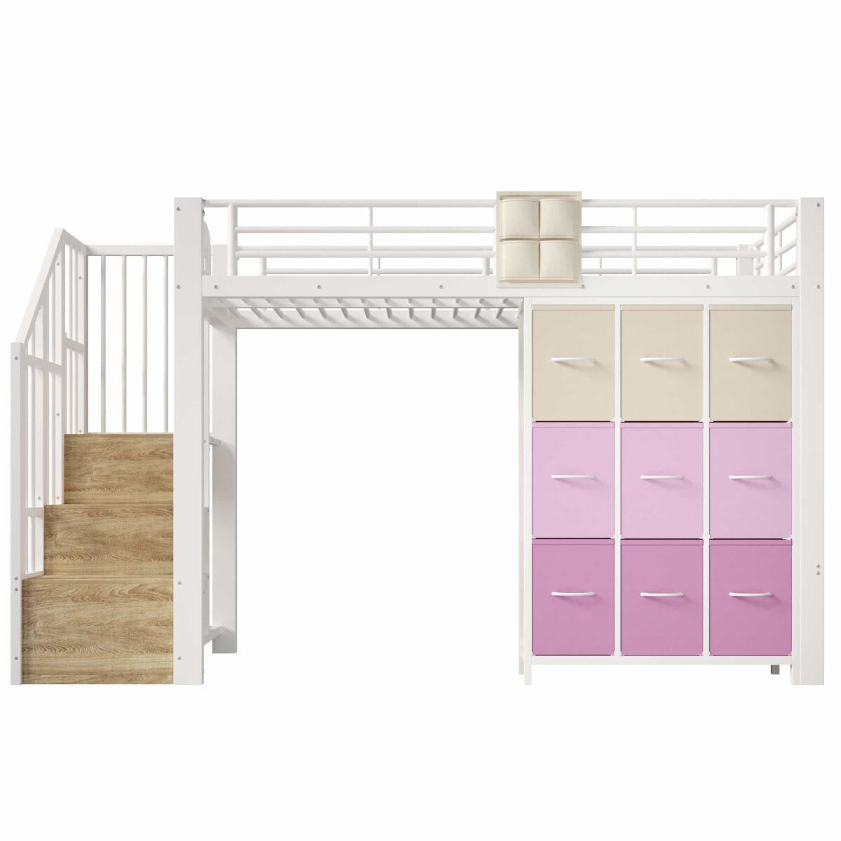 Litera alta 90x200 cm - con cajones, barra para ropa, barandilla, escalera con almacenamiento, sin colchón - blanco