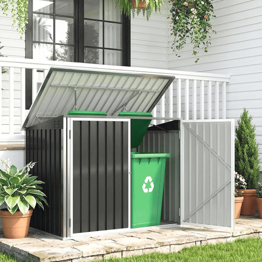 Outsunny Abrigo para Contentor de Lixo Duplo Abrigo para Exterior em Aço Galvanizado com Tampa Elevável e Portas Duplas para Jardim e Exterior 179,5x108x129,5 cm Cinzento Escuro