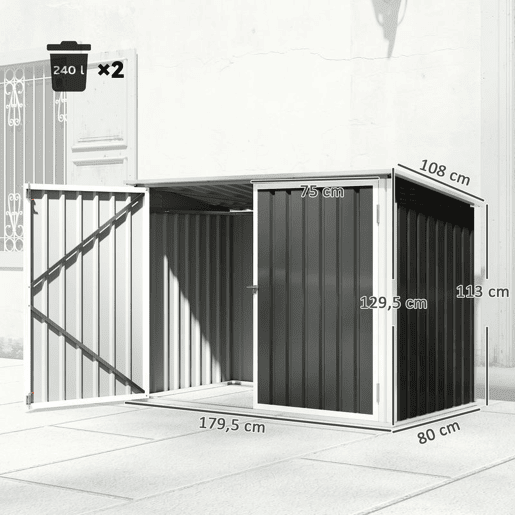 Outsunny Abrigo para Contentor de Lixo Duplo Abrigo para Exterior em Aço Galvanizado com Tampa Elevável e Portas Duplas para Jardim e Exterior 179,5x108x129,5 cm Cinzento Escuro