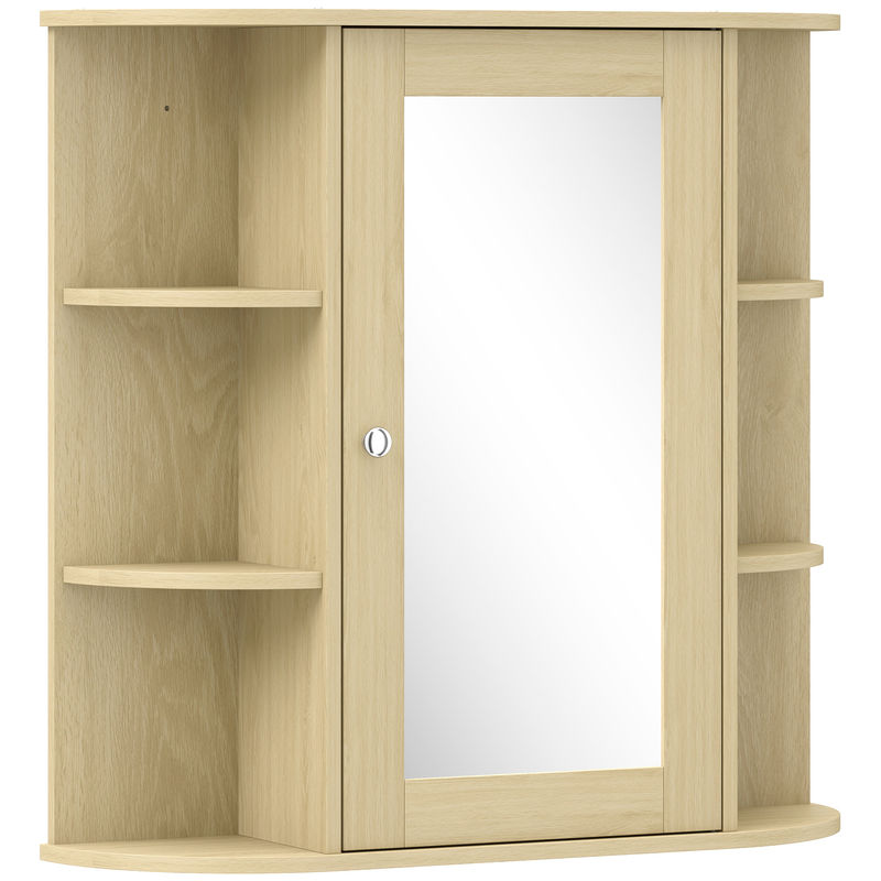Homcom armario de baño con espejo, armario de pared con puerta, estantes abiertos, mueble de baño colgar para cocina, salón, 66x17x63 cm, natural