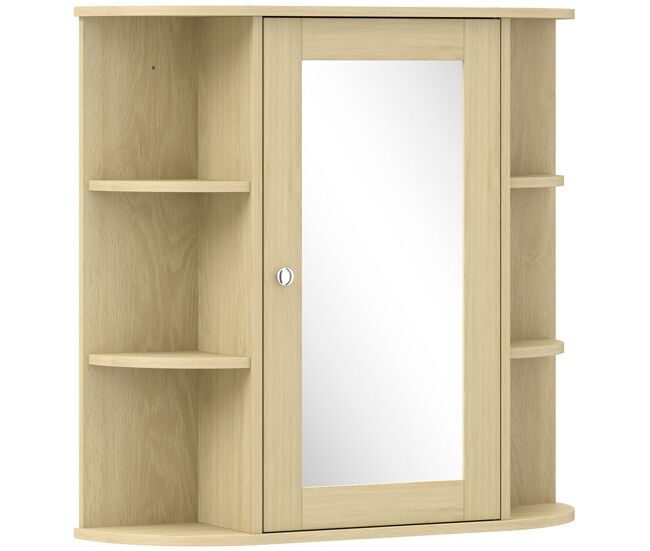 Homcom armario de baño con espejo, armario de pared con puerta, estantes abiertos, mueble de baño colgar para cocina, salón, 66x17x63 cm, natural