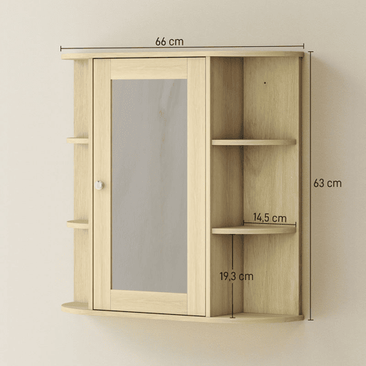 HOMCOM Armário de Casa de Banho com Espelho Armário de Parede com Porta Prateleiras Abertas Móvel Suspenso para Cozinha ou Sala 66x17x63 cm Madeira