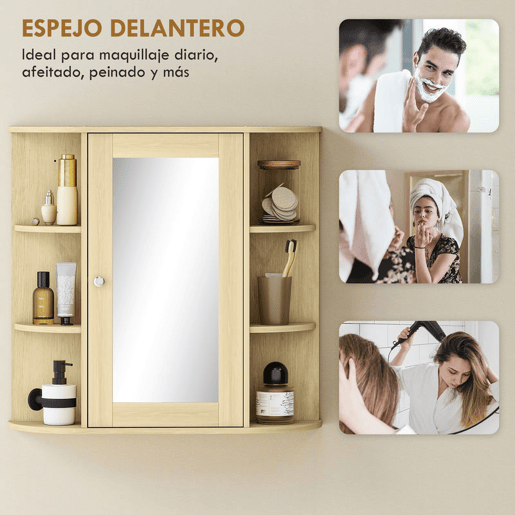 HOMCOM Armário de Casa de Banho com Espelho Armário de Parede com Porta Prateleiras Abertas Móvel Suspenso para Cozinha ou Sala 66x17x63 cm Madeira
