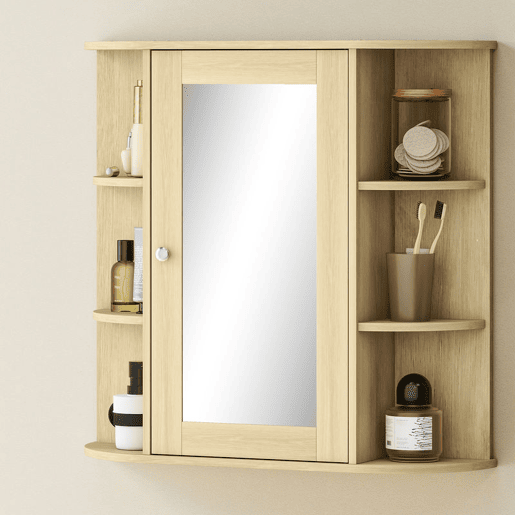 HOMCOM Armário de Casa de Banho com Espelho Armário de Parede com Porta Prateleiras Abertas Móvel Suspenso para Cozinha ou Sala 66x17x63 cm Madeira