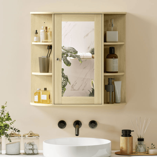 HOMCOM Armário de Casa de Banho com Espelho Armário de Parede com Porta Prateleiras Abertas Móvel Suspenso para Cozinha ou Sala 66x17x63 cm Madeira