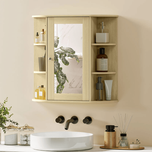 HOMCOM Armário de Casa de Banho com Espelho Armário de Parede com Porta Prateleiras Abertas Móvel Suspenso para Cozinha ou Sala 66x17x63 cm Madeira