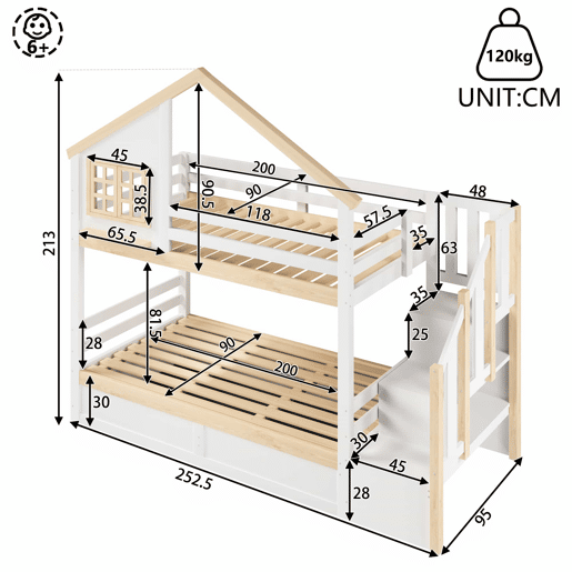 Cama de beliche, 90 x 200 cm - Sistema hidráulico, com grade de proteção, arrumação debaixo da cama, decoração com janela e casinha - Branco + Natural