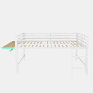 Cama baixa 140 x 200 cm - Sem colchão, grade de proteção, escada, secretária, faixa de LED - Branco