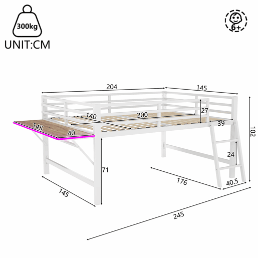 Cama baixa 140 x 200 cm - Sem colchão, grade de proteção, escada, secretária, faixa de LED - Branco