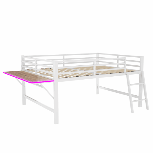 Cama baixa 140 x 200 cm - Sem colchão, grade de proteção, escada, secretária, faixa de LED - Branco