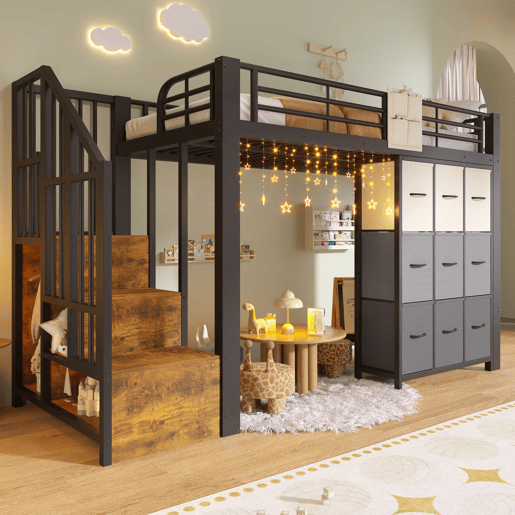 Beliche alto 90x200 cm - com gavetas, barra para roupa, grade de proteção, escada com espaço de arrumação - Preto