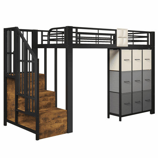 Beliche alto 90x200 cm - com gavetas, barra para roupa, grade de proteção, escada com espaço de arrumação - Preto