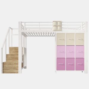 Beliche alto 140 x 200 cm - Com gavetas, barra para roupa, corrimão, escada com espaço de arrumação - Branco