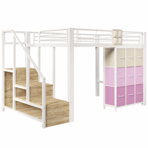 Beliche alto 140 x 200 cm - Com gavetas, barra para roupa, corrimão, escada com espaço de arrumação - Branco