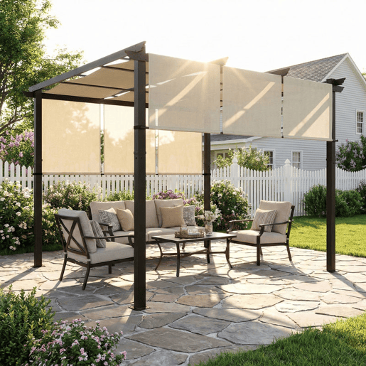 Outsunny Pérgola de Jardim 3x3 m com Teto Retrátil Estrutura de Aço Impermeável e Anti-UV para Terraço ou Pátio Bege