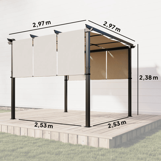 Outsunny Pérgola de Jardim 3x3 m com Teto Retrátil Estrutura de Aço Impermeável e Anti-UV para Terraço ou Pátio Bege