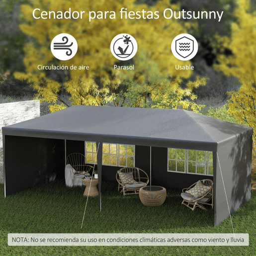 Outsunny Tenda de Jardim 6x3 m Pérgola com 4 Paredes Laterais e 2 Janelas Visíveis, Estrutura de Aço, Anti-UV, Impermeável, Gazebo para Terraço, Exterior, Cinzento Escuro