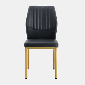 Conjunto de 4 cadeiras de jantar - Estilo leve e luxuoso, encosto em PU preto com gravação vertical + pernas metálicas douradas - Preto+Dourado