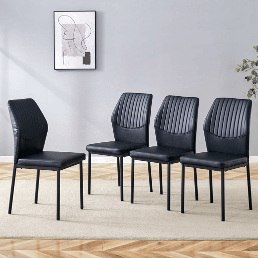 Conjunto de 4 cadeiras para sala de jantar - Encosto em PU preto com padrão vertical + pernas metálicas pretas - Cor preta