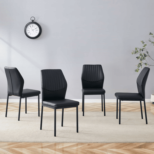 Conjunto de 4 cadeiras para sala de jantar - Encosto em PU preto com padrão vertical + pernas metálicas pretas - Cor preta