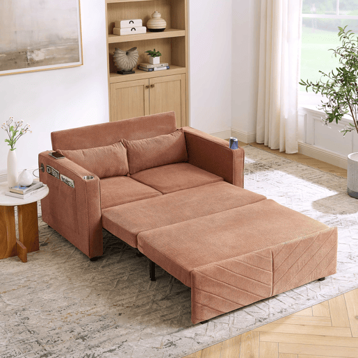 Sofá-cama de 2 lugares - Design deslizante, porta USB, ideal para descansar - Laranja