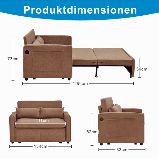 Sofá-cama de 2 lugares - Design deslizante, porta USB, ideal para descansar - Laranja