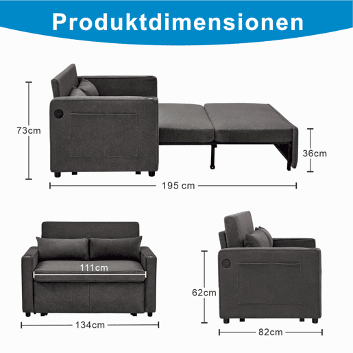 Sofá-cama de 2 lugares 3 em 1 - Design minimalista e elegante, mecanismo deslizante, porta USB, ideal para sestas - Cinza escuro