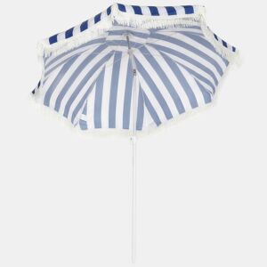 Outsunny Chapéu de Sol de Praia com Franjas Ø180 cm Chapéu de Sol Exterior com Altura Ajustável Inclinação 30° Suporte para Areia e Bolsa de Transporte Azul e Branco