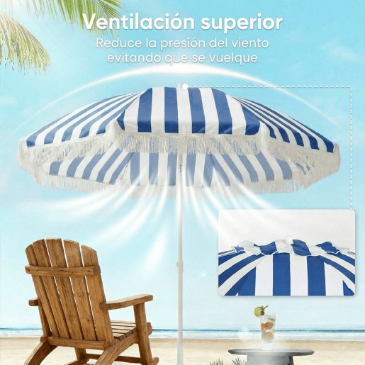 Outsunny Chapéu de Sol de Praia com Franjas Ø180 cm Chapéu de Sol Exterior com Altura Ajustável Inclinação 30° Suporte para Areia e Bolsa de Transporte Azul e Branco