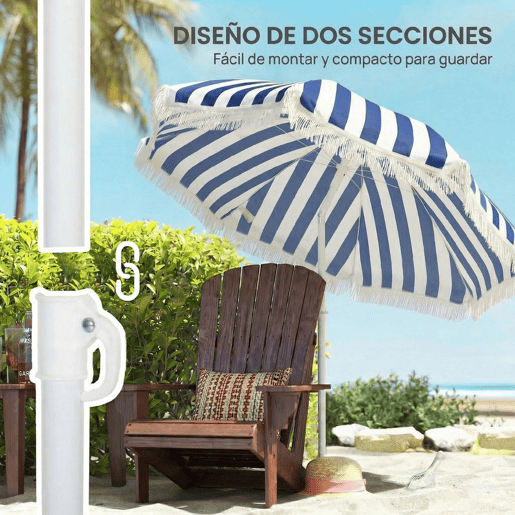 Outsunny Chapéu de Sol de Praia com Franjas Ø180 cm Chapéu de Sol Exterior com Altura Ajustável Inclinação 30° Suporte para Areia e Bolsa de Transporte Azul e Branco