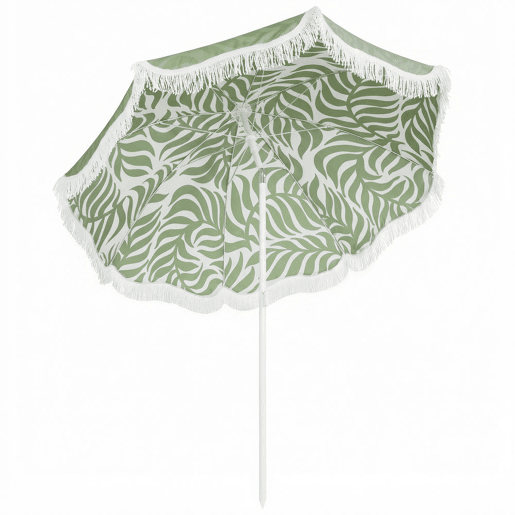 Outsunny Chapéu de Sol de Praia com Franjas Ø180 cm Chapéu de Sol de Terraço Exterior com Altura Ajustável Inclinação Ancoragem na Areia e Bolsa de Transporte UPF30+ Estampado de Folhas Verde