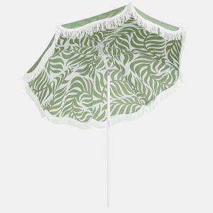 Outsunny Chapéu de Sol de Praia com Franjas Ø180 cm Chapéu de Sol de Terraço Exterior com Altura Ajustável Inclinação Ancoragem na Areia e Bolsa de Transporte UPF30+ Estampado de Folhas Verde